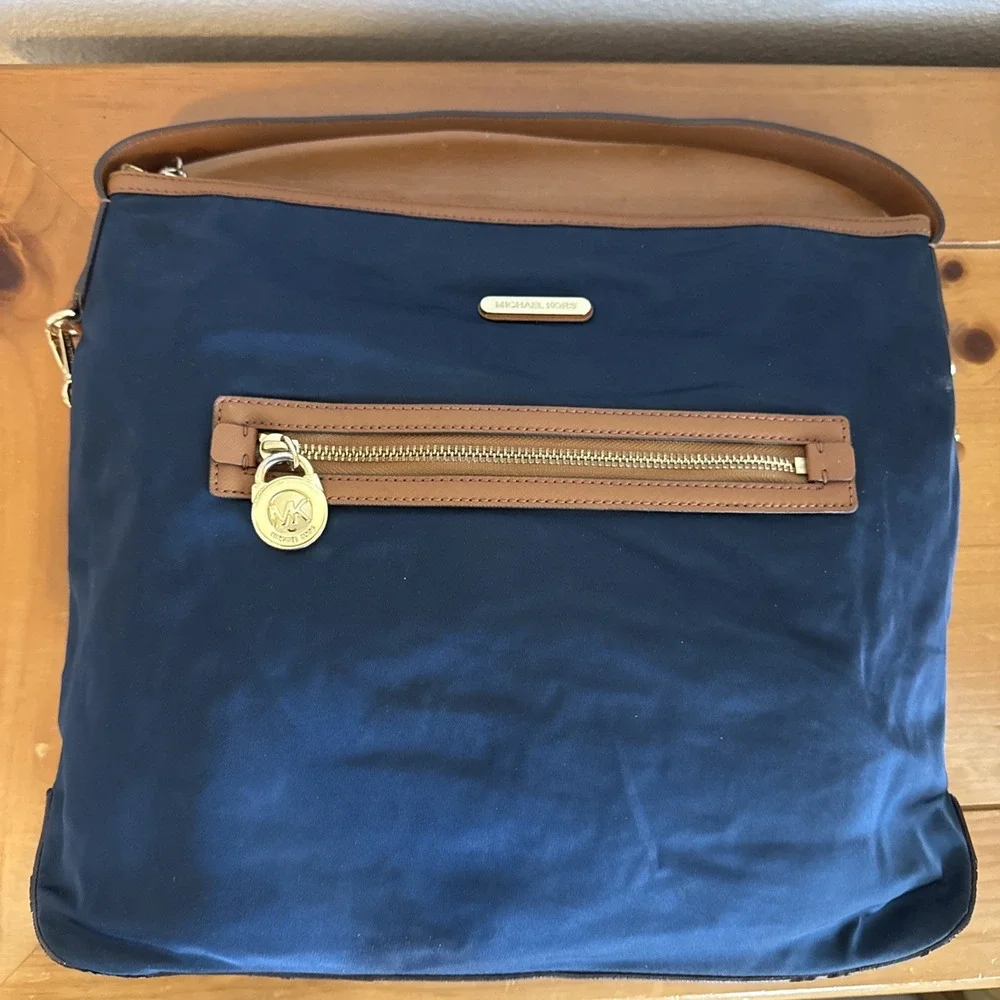 Michael Kors Kempton Tote Navy Nylon & Brown Trim Gold Tone Hardware Accents